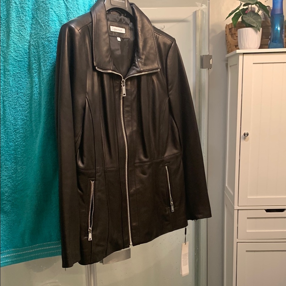 Black Leather Jacket with Zipper Details